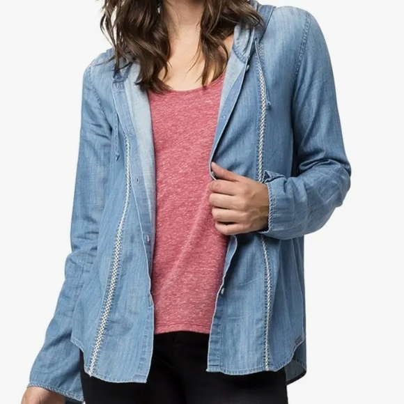 Volcom Light Blue Button Down Shirt with Hood - Picture 1 of 8